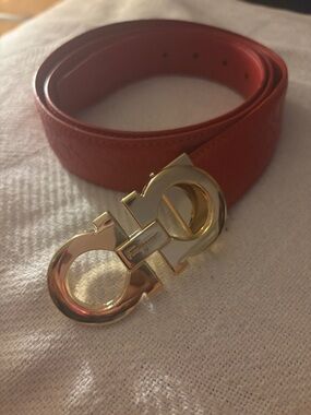 Like Salvatore Ferragamo  Orange Leather Belt with Gold Double Gancini Buckle